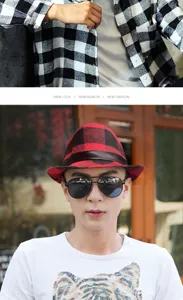 Detailansicht eines stilvollen rot-schwarz karierten Fedora-Hutes an einem männlichen Modell.