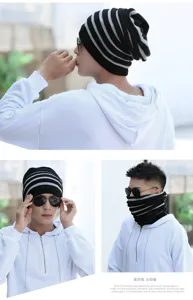 Asian male model showcasing multi-functional striped knitted beanie used as a neck warmer.