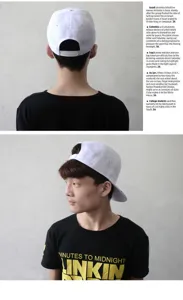 Close-up detail of white snapback hat with colorful ink splatter design on model