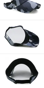 Detailed multi-angle views of blue camouflage sun visor hat for outdoor hiking.