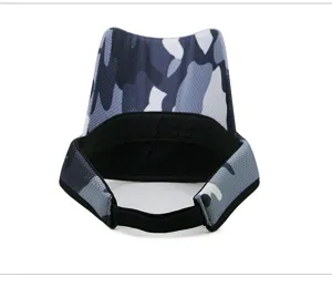 Back view detail of camouflage sun visor with adjustable elastic band for outdoor sports