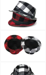 Verschiedene Ansichten klassischer karierter Fedora-Hüte mit einem schwarzen Zierband.