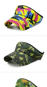 Selection of camouflage mesh sun visors in various vibrant outdoor colors.
