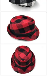 Detailansichten mit verschiedenen Winkeln der rot-schwarz karierten Fedora-Jazzhüte