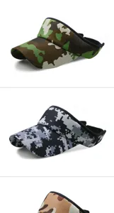 Detailed view of various camouflage patterns on outdoor sun visor hats for sports