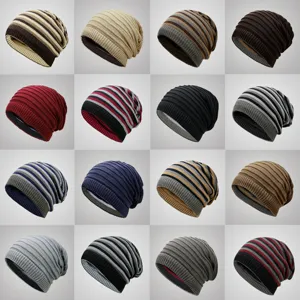 Winter Knitted Beanie Hat For Men Women Dual Use Neck Warmer Face Mask Acrylic Striped Pleated Reversible Slouchy Skull Cap