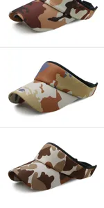 Three styles of camouflage sun visor hats with breathable mesh fabric detail