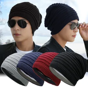 Versatile winter knitted slouchy beanie hat with ribbed stripes for men and women