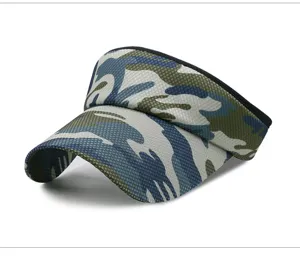 Close-up of camouflage sun visor hat with breathable mesh fabric for outdoor sports
