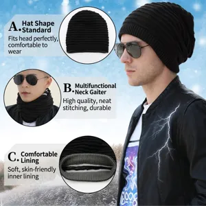 Multi-functional black knitted winter beanie hat and neck gaiter with pleated design