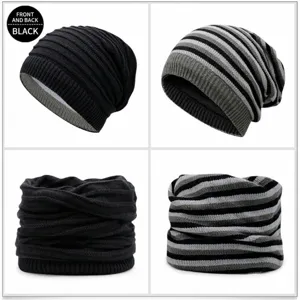 Reversible winter knitted beanie hat and striped neck warmer set for men and women