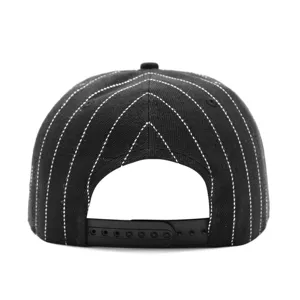 Black hip hop snapback cap with white pinstripes, back view showing adjustable strap