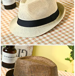 Close-up detail of the breathable woven texture on beige and brown paper straw jazz hats