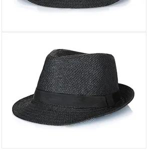 Side view detail of a breathable black straw Fedora hat for summer sun protection
