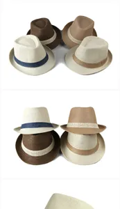 Detailed view of various summer straw fedora hats in multiple colors for sun protection