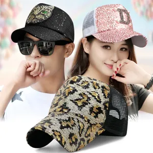 Women Leopard Print Sequin Trucker Hat Fashion Rhinestone Letter A D Owl Patch Baseball Cap Summer Breathable Mesh Sun Hat
