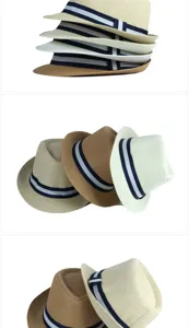 Close-up detail of breathable paper straw fedora hats with stylish striped decorative bands