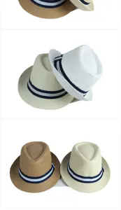 Detailed view of stackable straw fedora hats showing varied natural color options