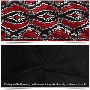 Vista detallada del patrón de piel de serpiente con diamantes en el gorro de punto negro