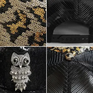 Leopard print sequin baseball cap with embroidered owl patch and breathable mesh back