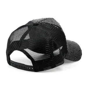 Stylish black sequin mesh baseball cap featuring an adjustable snapback closure for women