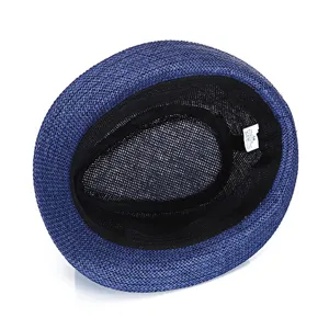 Blue breathable paper straw jazz hat for summer sun protection shown from inside