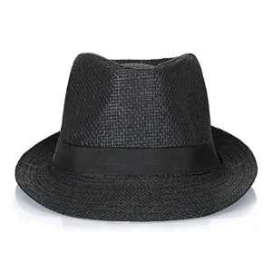 Black breathable paper straw jazz hat with ribbon band for summer beach sun protection