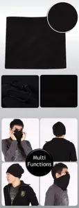 Multiple ways to wear the black fleece neck gaiter as a mask or beanie for winter