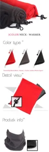 Detail view of fleece neck warmers in red, gray, and black colors with drawstring.