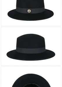Detailed close-up of a classic black wool felt flat top boater hat with gold emblem