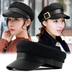 Women Retro Woolen Navy Hat Korean Style Autumn Winter Warm Baker Boy Cap With Leather Brim And Metal Buckle Beret Hat