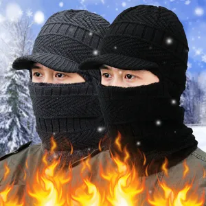 Winter Acrylic Knitted Balaclava Hat With Brim Fleece Lined Thickened Warm Windproof Jacquard Ski Mask For Outdoor Men Women