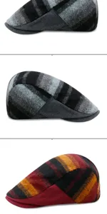 Detailed view showing the texture and patterns of vintage striped wool blend flat caps