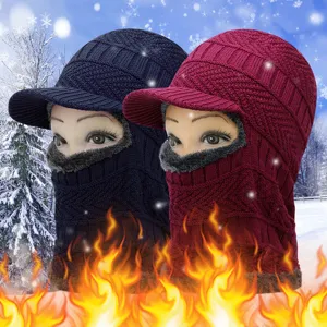Winter thermal knitted balaclava hat with brim for windproof outdoor skiing warmth