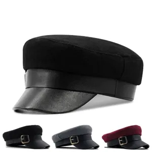 Classic retro woolen baker boy hat with leather brim and buckle for women winter warm