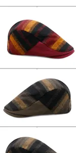 Side profile view of striped wool blend flat caps in red and brown vintage retro style