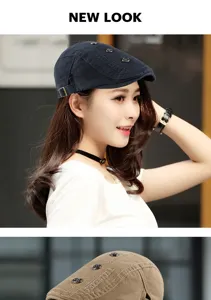 Close-up detail of retro beret with rivet accents and embroidery worn by model