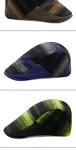 Three color variants of winter wool blend flat caps with striped and solid patchwork