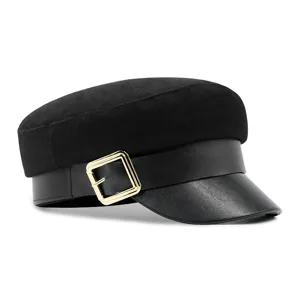 Elegant black wool navy hat for women featuring a leather brim and stylish gold buckle detail