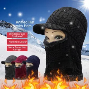 Winter warm knitted fleece-lined balaclava with brim for outdoor windproof protection