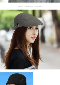 Close-up side view of a stylish woman wearing a vintage gray cotton beret flat cap outdoors