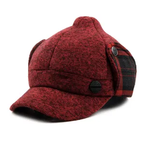 Bonnet d'hiver pointu bordeaux mignon avec cache-oreilles à carreaux, casquette en tricot chaud.