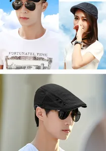 Close-up of stylish striped beret with rivet accents worn by male and female models