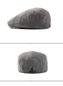 Grey faux suede beret hat for men and women featuring a side and back view with snap button