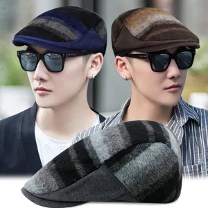 Men's vintage wool blend striped flat cap for winter, classic British style newsboy hat