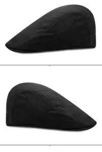 Side views of a black suede flat cap showing the minimalist design and texture