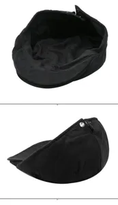 Detailed views of black suede flat cap showing interior lining and metal snap button