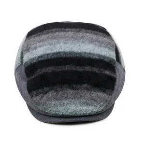 Striped grey and black wool flat cap for men and women, vintage British ivy style.