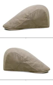 Side profile detail views of a thickened taupe suede beret hat for autumn and winter warmth
