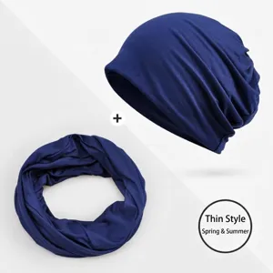 Navy blue thin breathable modal beanie hat and neck gaiter set for spring and summer